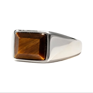 Mens vintage signet ring with rectangular tiger eye stone and polished steel finish
