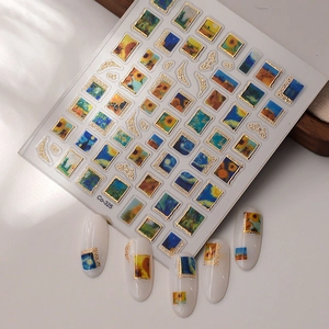 5D Embossed Nail Art Stickers Retro Oil Painting Van Gogh Style Gold Bronzing Waterproof Starry Night Manicure Decor