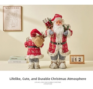 Detail of two-piece Santa Claus plush set with reindeer knits and gift bags