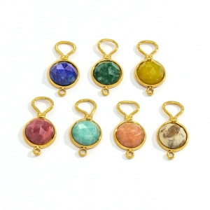7-piece set of round faceted natural stone connectors with gold stainless steel loops