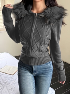 Women's dark grey knit zip-up cardigan featuring a faux fur collar and cable knit texture