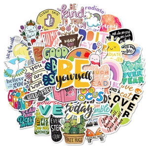 Close-up of colorful motivational quote stickers with high-quality English typography