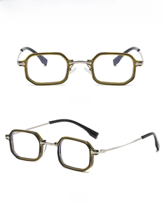 Details von olivgrüner und silberner polygonaler Brille mit Blaulichtfilter-Gläsern