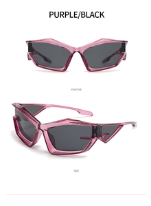 Detail view of purple futuristic geometric sunglasses with dark lenses from front and side