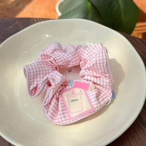 Pink and white checkered scrunchie with cute cartoon pencil and notes embroidery