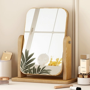 Rotating wooden desktop makeup mirror with adjustable light wood frame and rectangular glass