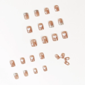 Nude brown gradient press-on nails with silver glitter hearts and stars, 24 piece set