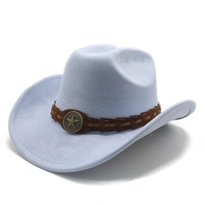Close-up of light blue suede cowboy hat with brown band and vintage metal star buckle