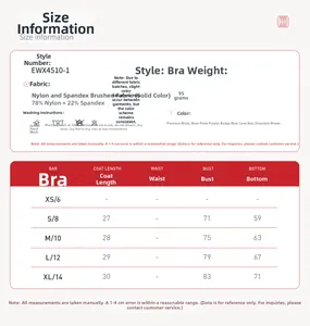 Detailed size chart for yoga sports bra including dimensions and fabric specifications
