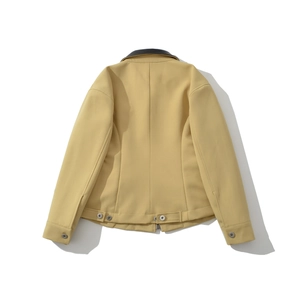 Detail view of khaki jacket back with black collar patch and adjustable waist tabs
