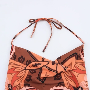 Ethnic style two-piece vacation set with brown halter top and printed wide-leg pants