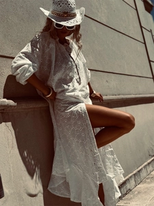 Bohemian white eyelet embroidery maxi dress with side slit and long sleeves