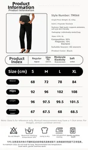 Detailed size chart for black maternity pants with fabric info and washing instructions