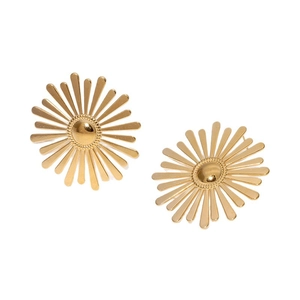 Golden sunburst stainless steel stud earrings with a polished finish on white background