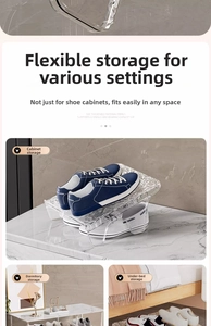 Space-saving transparent acrylic shoe rack showing tiered storage in home scenes