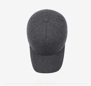Top view of charcoal grey winter baseball cap showing thick wool texture and stitching
