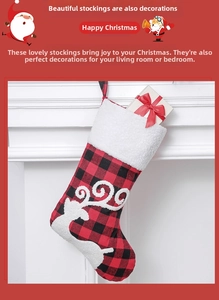 Close-up of buffalo plaid Christmas stocking with reindeer motif and faux fur trim