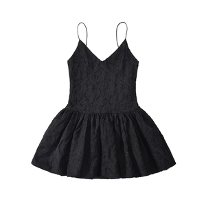Chic black V-neck mini dress with textured embroidery and adjustable thin straps