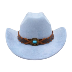 Chapeau de cowboy classique bleu clair en faux suède avec bande en cuir et turquoise