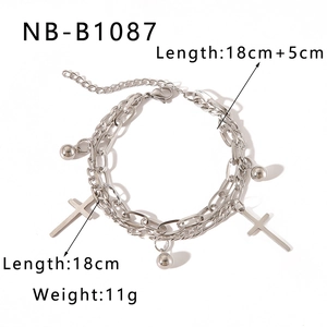 Detail showing 18cm+5cm adjustable length of silver cross pendant double chain bracelet