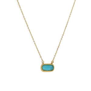Gold chain necklace with a rectangular turquoise stone pendant on a white background