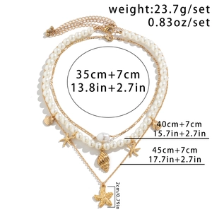 Three-layer beaded necklace dimensions showing starfish shell pendants and chain lengths
