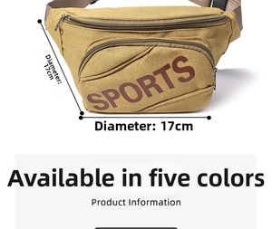 Detailed view of khaki canvas sports waist bag with size specs and adjustable strap