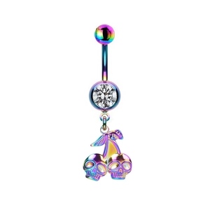 Rainbow colored metallic belly button ring with zircon stone and cherry skull pendant