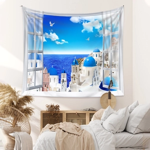 Detail of bohemian tapestry featuring Santorini sea view with digital high-definition print
