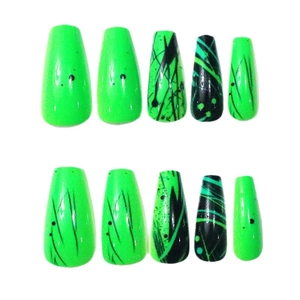 Neon green and black coffin nails with abstract splash and stripe patterns