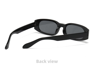 Detailed rear view of narrow square sunglasses with black frames and spec model engraving
