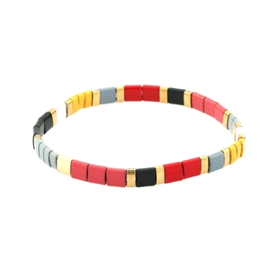 Bohemian colorful Tila bead stretch bracelet with red, yellow and gold rectangle beads