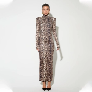 Macro shot of stylish leopard print maxi dress with slim fit design and mock neck detail