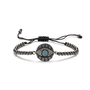 Adjustable evil eye beaded bracelet with micro-pave turquoise and black zircon