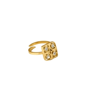 French luxury gold open ring with square hollow design and sparkling zircons