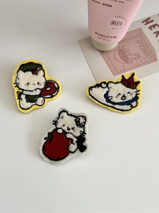 Set of three cute cartoon cat plush embroidery patches with pins for bags and clothing