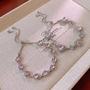 Heart Shaped Alloy Bracelet With Pink Cubic Zirconia Adjustable Bolo Chain Korean Sweet Light Luxury Women Jewelry
