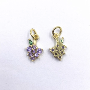 Golden grape pendants with purple zircon stones and green leaf detail, front and back view