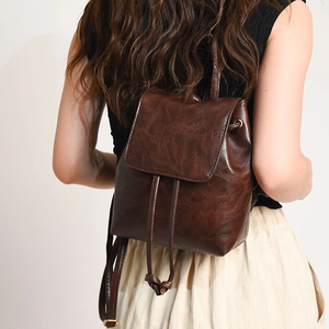 Vintage PU Leather Mini Backpack Women Retro Drawstring Flap Casual Daypack Waterproof Fashion Travel Bag