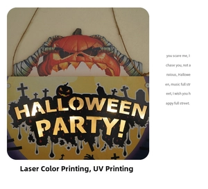 Detail of Halloween door sign featuring pumpkin graphics and laser UV printing finish