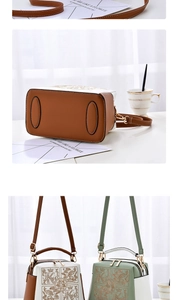 Detail of color-block crossbody bag featuring totem embroidery and dual gold zippers