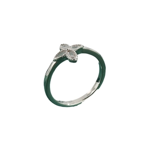 Elegant silver four-leaf clover ring with marquise-cut clear zircon stones on white background