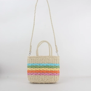 Women Woven Crossbody Bag Paper Straw Handbag Colorful Rainbow Stripes Summer Beach Vacation Travel Large Capacity Zipper