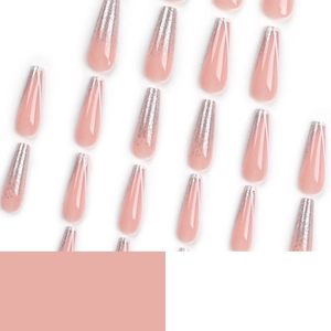 Long coffin false nails featuring pink nude base with silver glitter gradients and white French tips