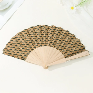 Vintage Portuguese cork folding fan with elegant mountain landscape patterns on bamboo frame