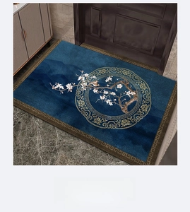 Detail of New Chinese entry rug with blue magpie and plum blossom motifs on marble floor