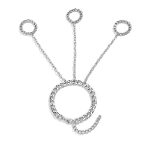 Silver metal chain hand harness with three connected rings for men in punk hip hop style