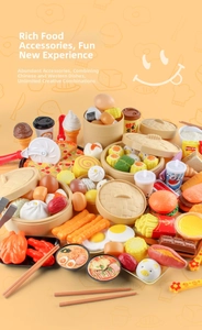 Detailed assortment of play food toy set featuring burgers, pizza, and dim sum snacks