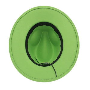 Top view of green felt cowboy hat interior with black sweatband and adjustable drawstring