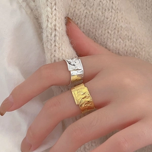 925 Sterling Silver Adjustable Open Ring Irregular Crumpled Texture Wide Band Minimalist Hammered Finish Commuter Women